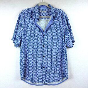 Tommy Bahama Shirt Mens M Coasta Geo Pattern Button Blue 100% Silk Beach Casual